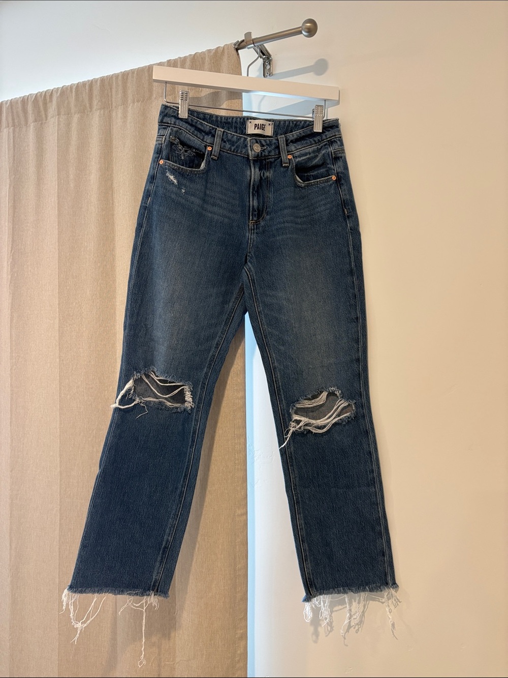 PAIGE Dark Blue Distressed Straight Leg Jeans